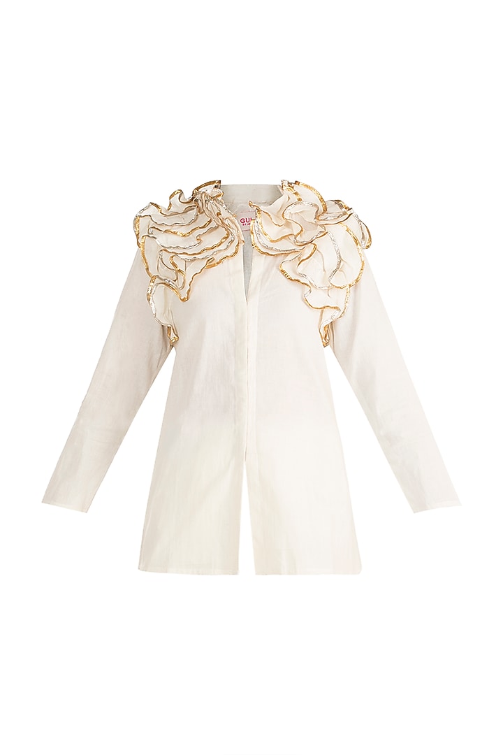 Off White Embroidered Ruffled Shirt by Gulabo By Abu Sandeep