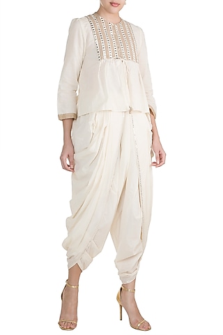 Off White Embroidered Dhoti Style Pants by Gulabo By Abu Sandeep