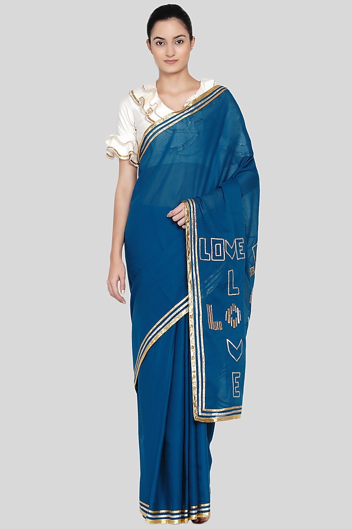 Cobalt Blue Embroidered Saree Set by Gulabo By Abu Sandeep