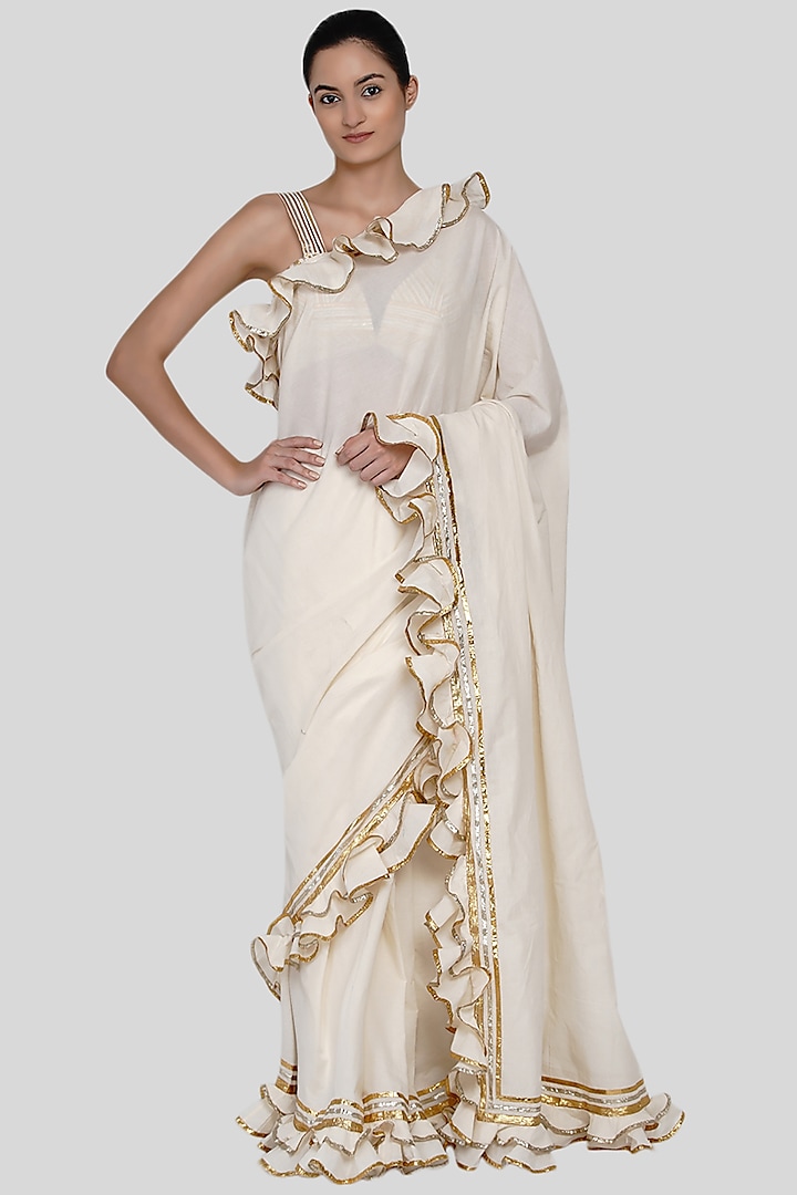 Off White Embroidered Ruffled Sarees Set by Gulabo By Abu Sandeep