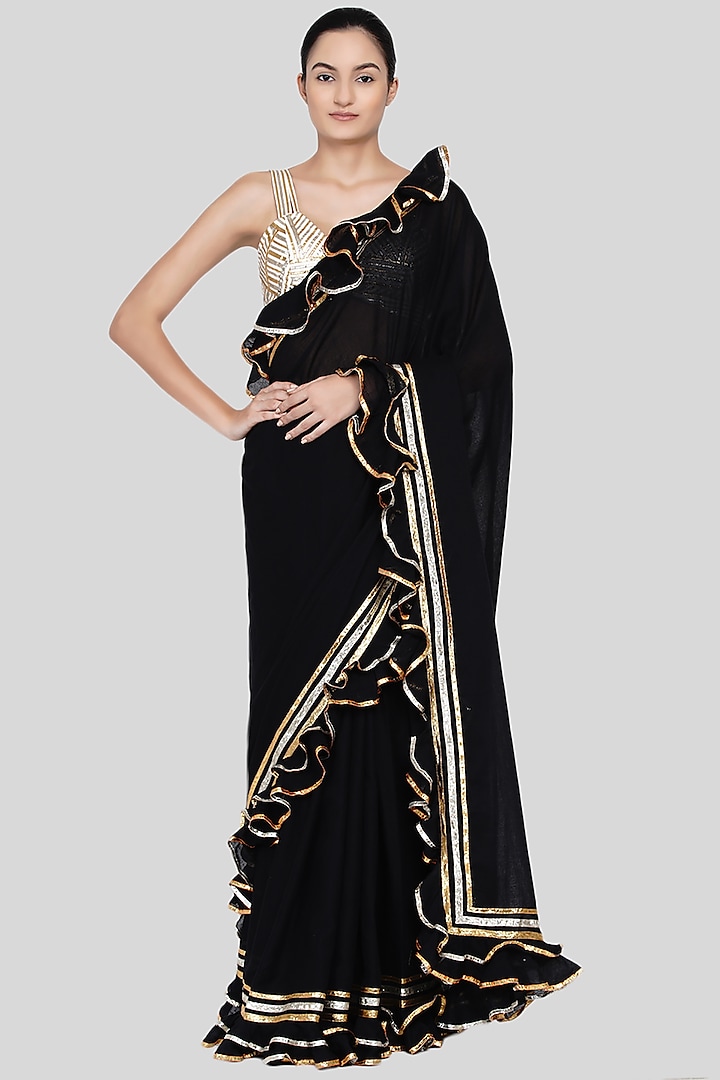 Black Embroidered Ruffled Party Wear Saree Set by Gulabo By Abu Sandeep at Pernia's Pop Up Shop