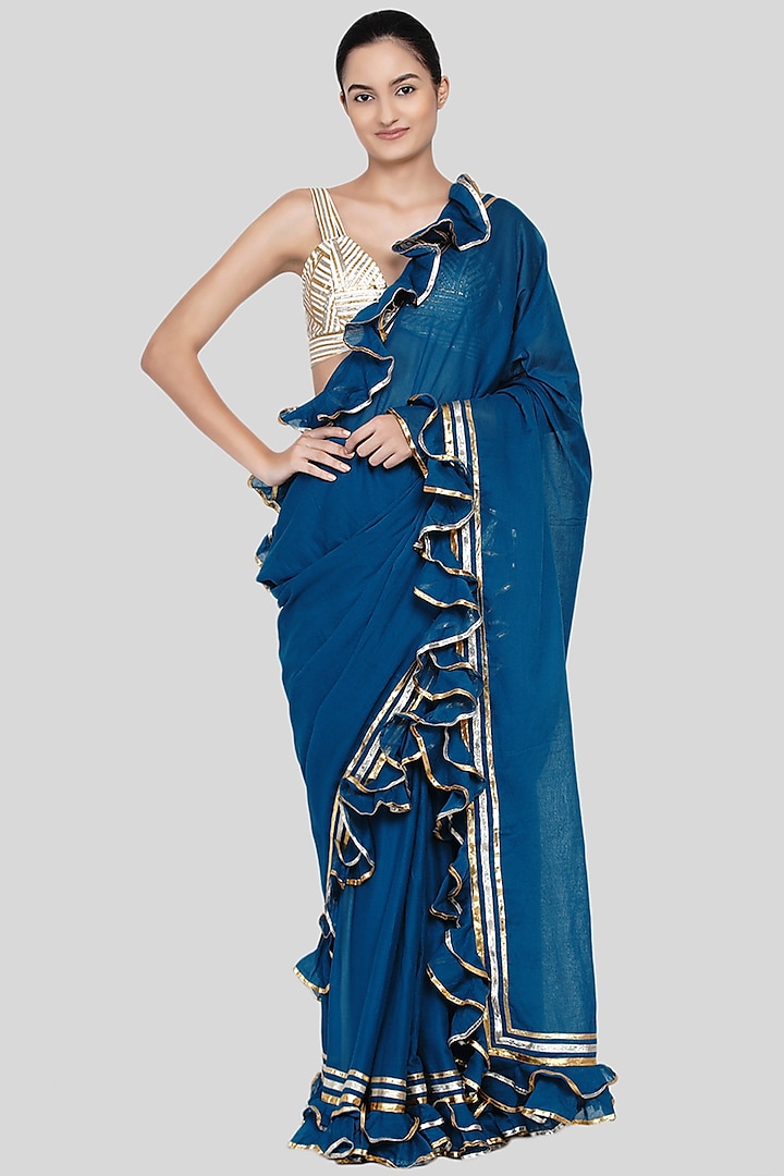 Cobalt Blue Embroidered Ruffled Saree Set by Gulabo By Abu Sandeep