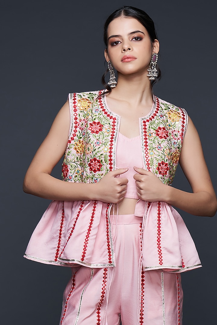 Pink Viscose Chanderi Silk Layered Gilet Top by Gulabo By Abu Sandeep at Pernia's Pop Up Shop