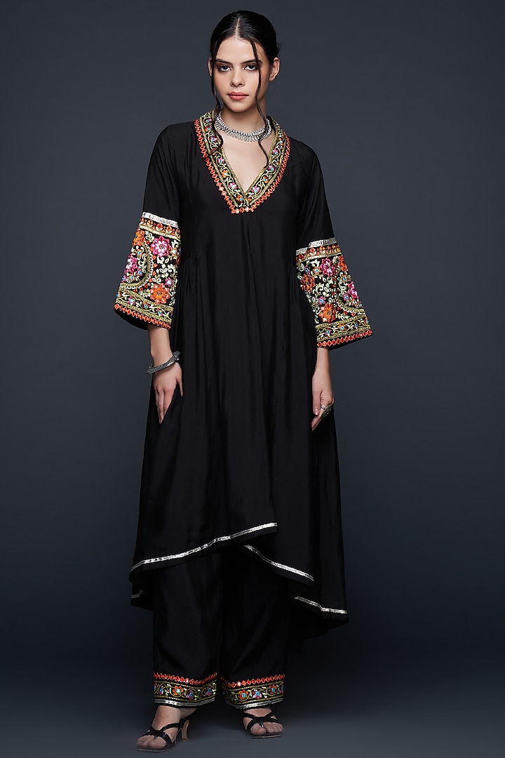 Black Viscose Chanderi Silk Gathered Tunic by Gulabo By Abu Sandeep