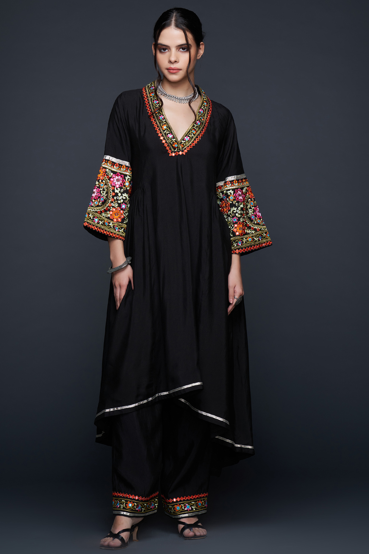 Black Viscose Chanderi Silk Gathered Tunic by Gulabo By Abu Sandeep