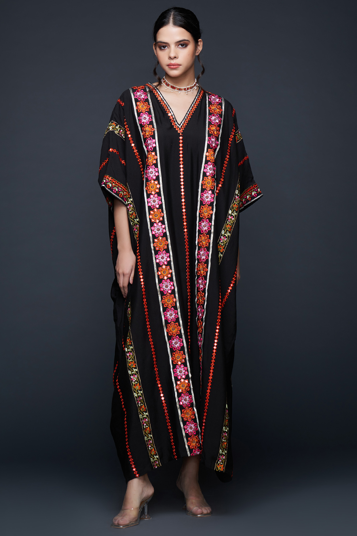 Black Viscose Chanderi Silk Kaftan by Gulabo By Abu Sandeep at Pernia's Pop Up Shop