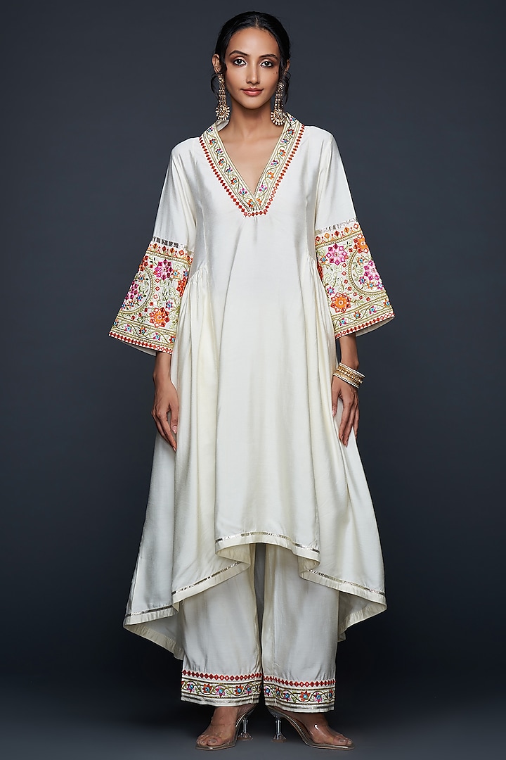 Off-White Viscose Chanderi Silk Gathered Tunic by Gulabo By Abu Sandeep