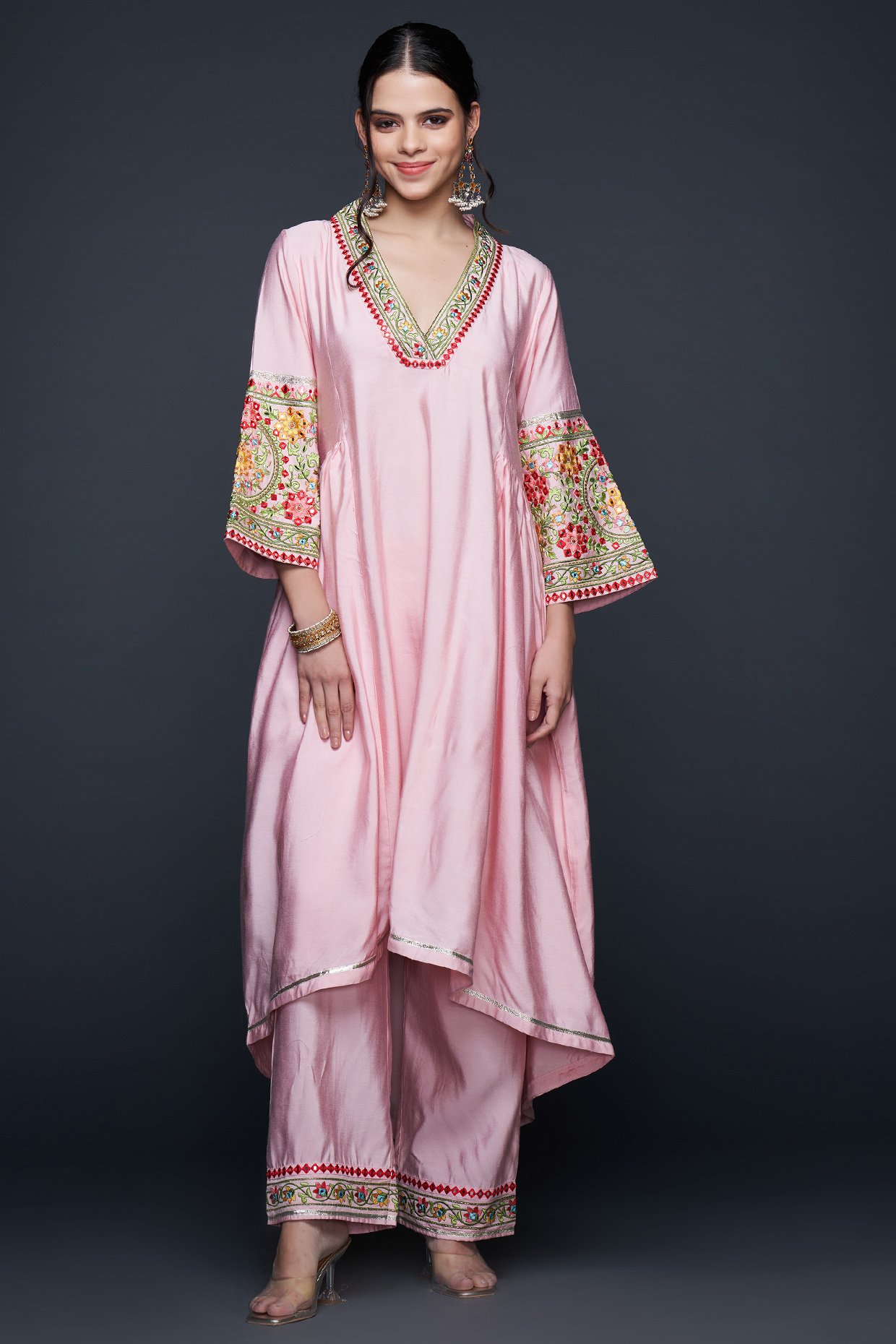 Pink Viscose Chanderi Silk Gathered Tunic by Gulabo By Abu Sandeep at Pernia's Pop Up Shop