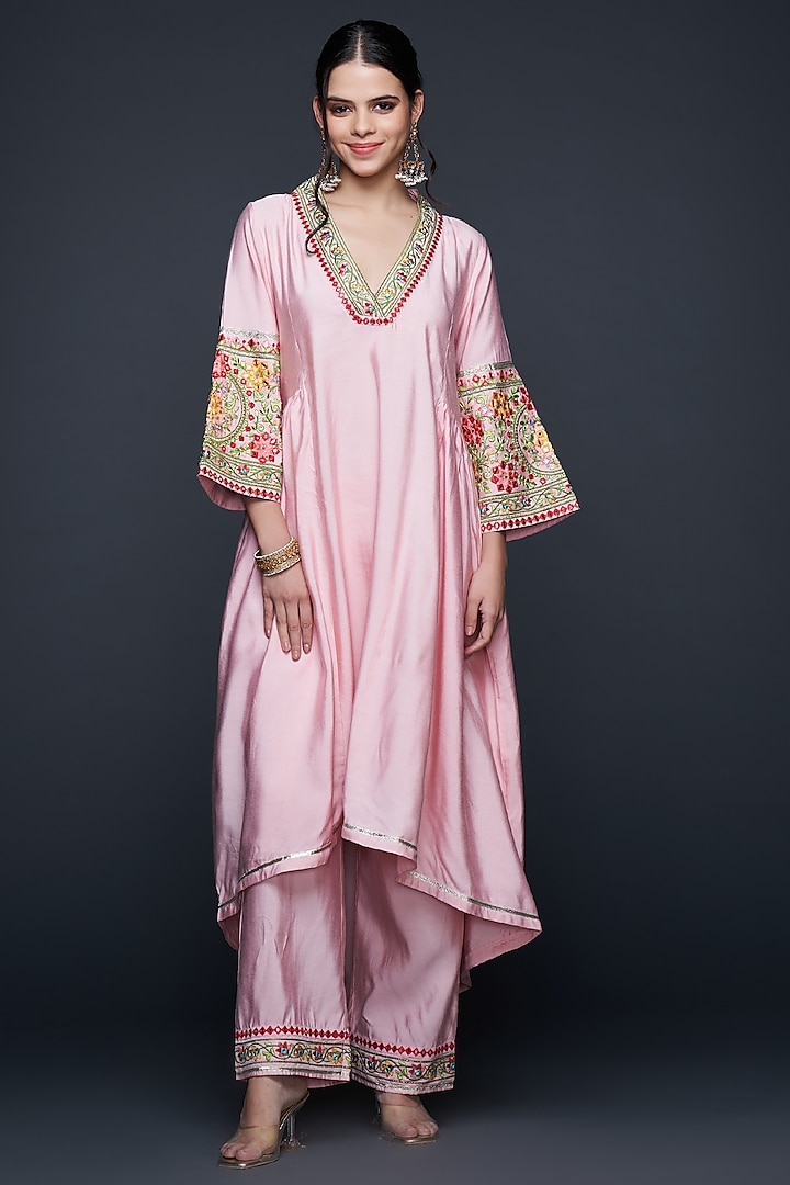 Pink Viscose Chanderi Silk Gathered Tunic by Gulabo By Abu Sandeep