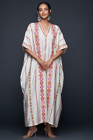 Off-White Viscose Chanderi Silk Kaftan by Gulabo By Abu Sandeep