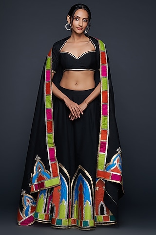 Black Cotton Silk Gota Applique Lehenga by Gulabo By Abu Sandeep