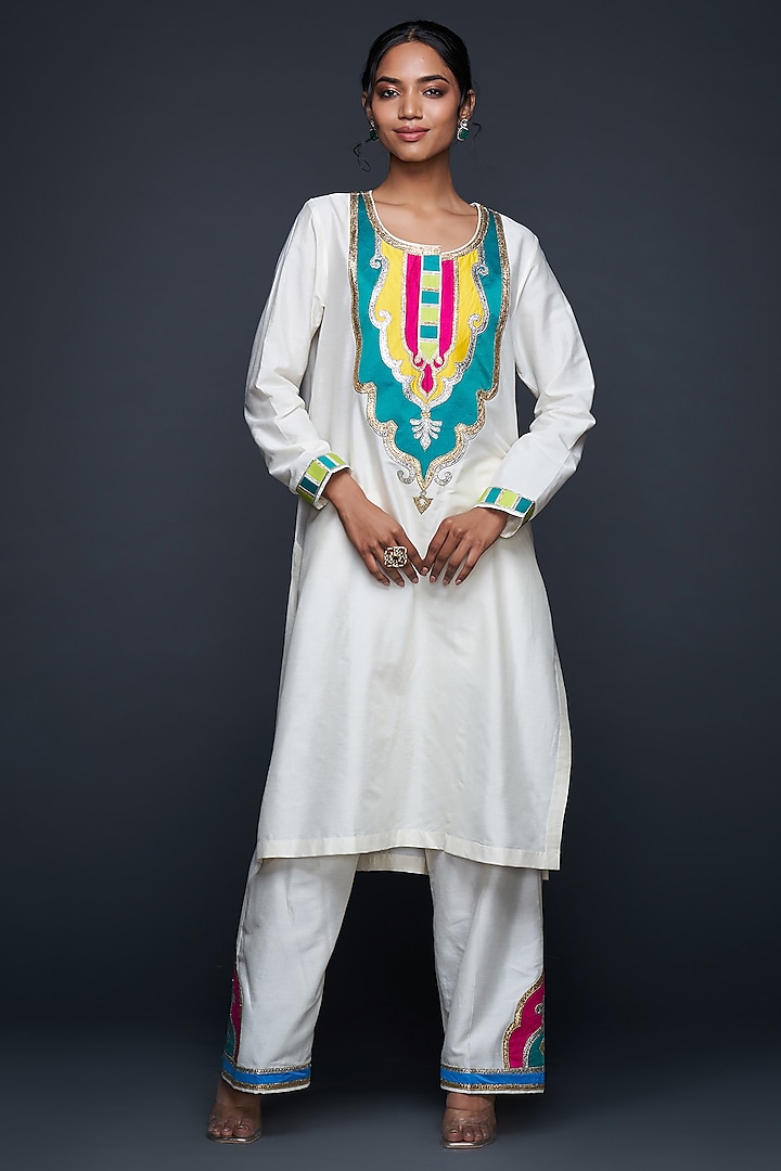 Off-White Cotton Silk Straight Pants by Gulabo By Abu Sandeep at Pernia's Pop Up Shop