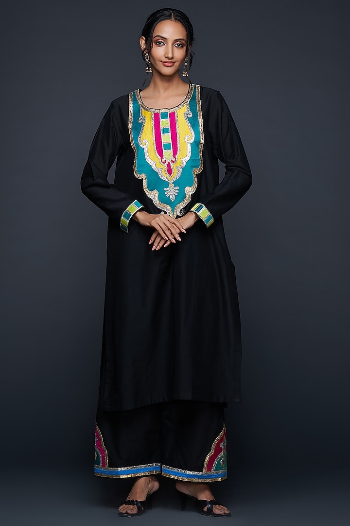 Black Cotton Silk Straight Pants by Gulabo By Abu Sandeep at Pernia's Pop Up Shop