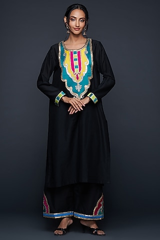 Black Cotton Silk Straight Pants by Gulabo By Abu Sandeep