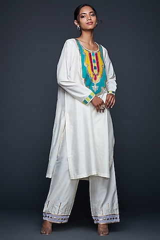 Off-White Cotton Silk Gota Architecture Straight Kurta by Gulabo By Abu Sandeep