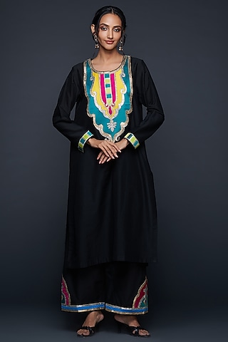 Black Cotton Silk Gota Architecture Straight Kurta by Gulabo By Abu Sandeep