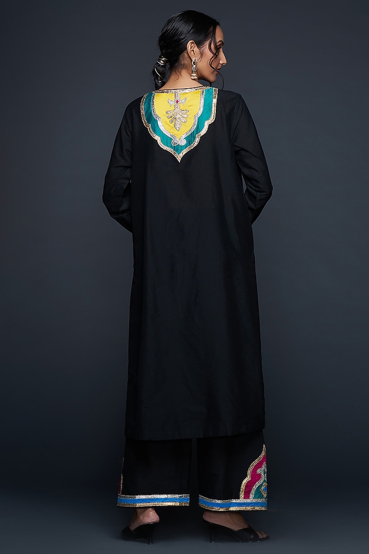 Black Cotton Silk Gota Architecture Straight Kurta by Gulabo By Abu Sandeep at Pernia's Pop Up Shop