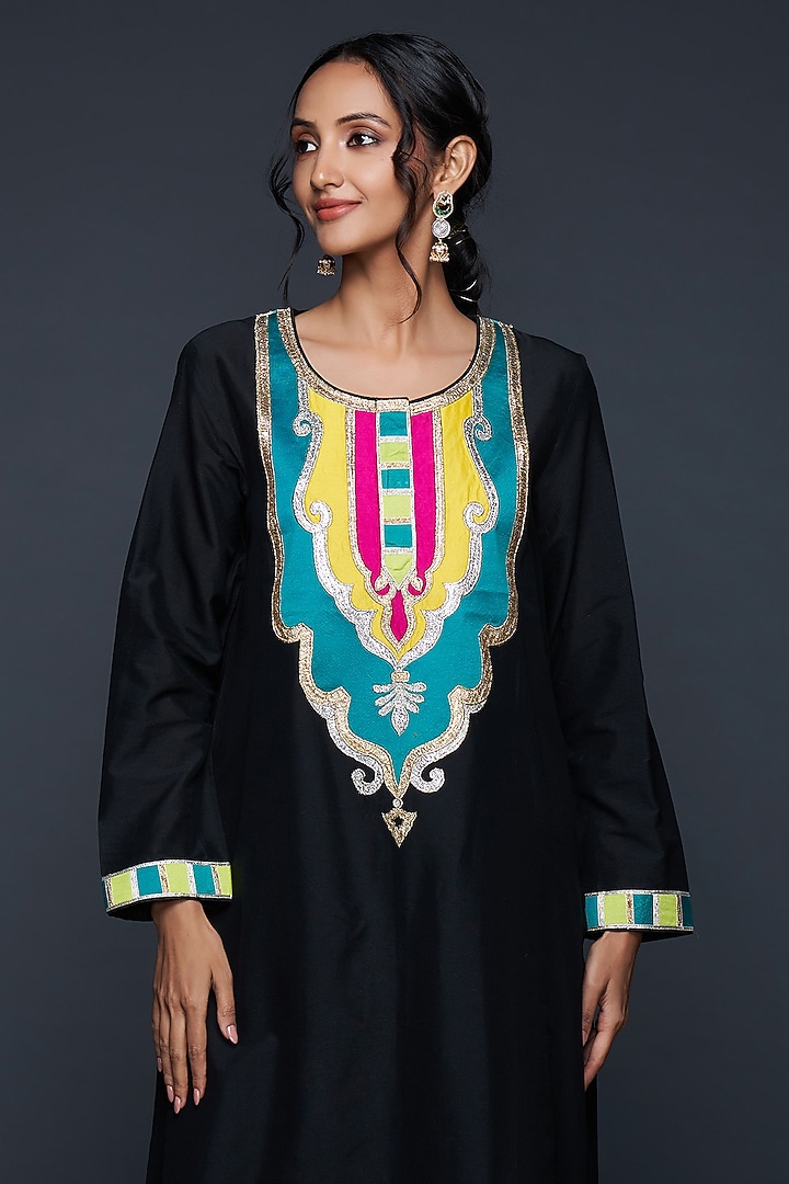 Black Cotton Silk Gota Architecture Straight Kurta by Gulabo By Abu Sandeep at Pernia's Pop Up Shop