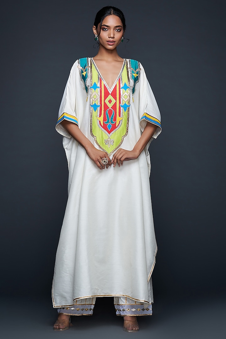 Off-White Cotton Silk Gota Applique Kaftan by Gulabo By Abu Sandeep at Pernia's Pop Up Shop