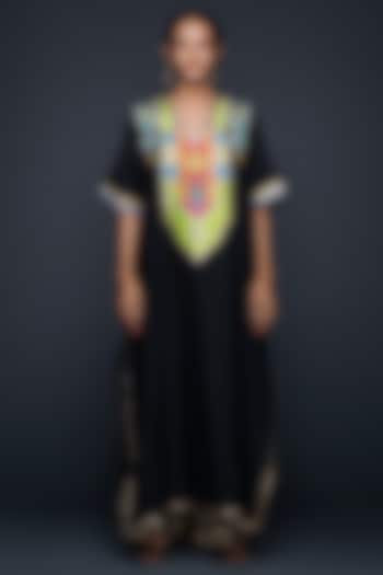 Black Cotton Silk Gota Applique Kaftan by Gulabo By Abu Sandeep at Pernia's Pop Up Shop