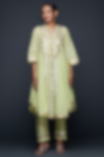 Pista Green Chanderi & Jamdani Gota Applique Flared Kurta by Gulabo By Abu Sandeep at Pernia's Pop Up Shop