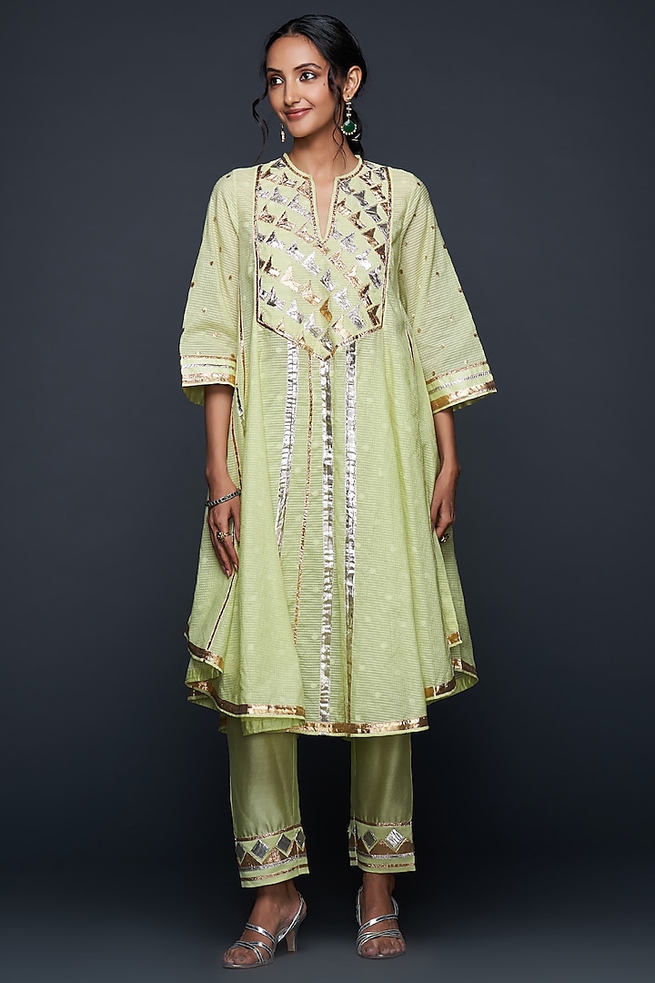 Pista Green Chanderi & Jamdani Gota Applique Flared Kurta by Gulabo By Abu Sandeep at Pernia's Pop Up Shop