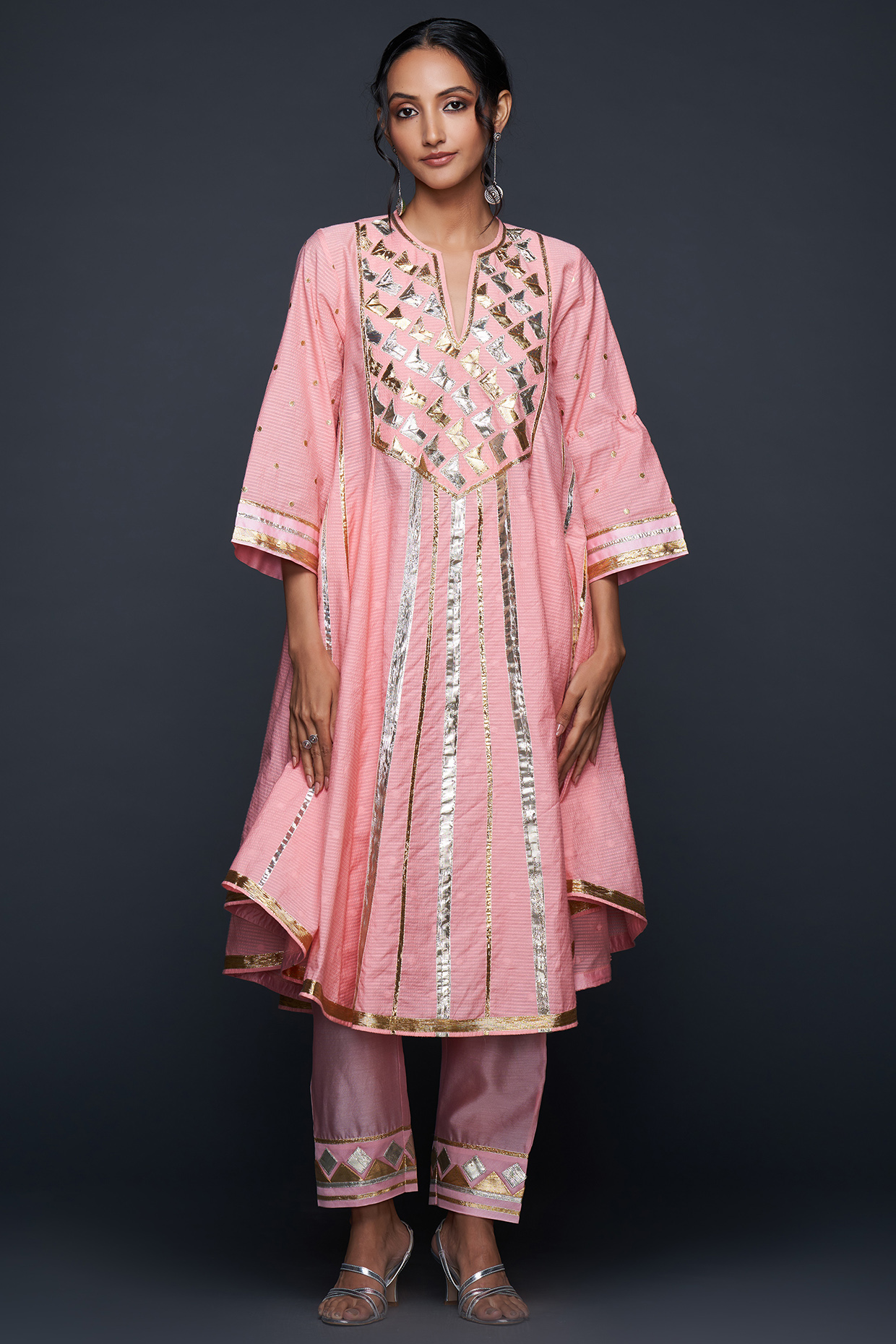 Peach Chanderi & Jamdani Gota Applique Flared Kurta by Gulabo By Abu Sandeep at Pernia's Pop Up Shop