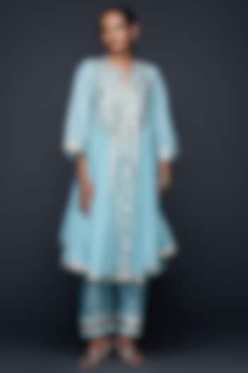 Blue Chanderi & Jamdani Gota Applique Flared Kurta by Gulabo By Abu Sandeep at Pernia's Pop Up Shop