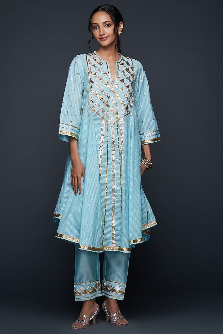 Blue Chanderi & Jamdani Gota Applique Flared Kurta by Gulabo By Abu Sandeep at Pernia's Pop Up Shop