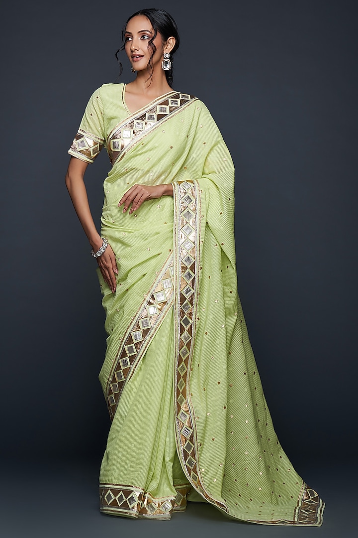 Pista Green Chanderi Jamdani Gota Applique Blouse by Gulabo By Abu Sandeep at Pernia's Pop Up Shop