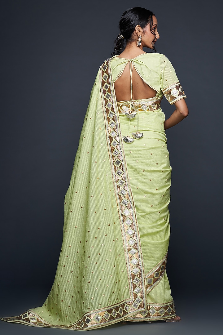 Pista Green Chanderi Jamdani Gota Applique Blouse by Gulabo By Abu Sandeep at Pernia's Pop Up Shop