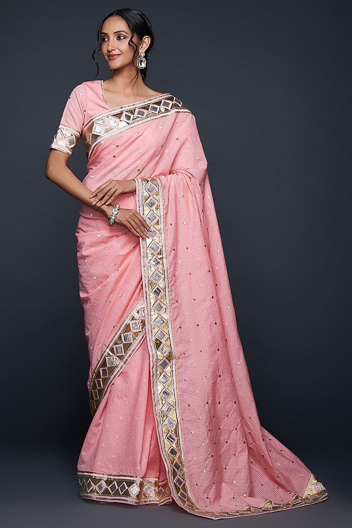 Peach Chanderi Jamdani Gota Applique Blouse by Gulabo By Abu Sandeep at Pernia's Pop Up Shop