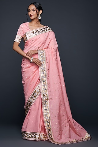 Peach Chanderi Jamdani Gota Applique Blouse by Gulabo By Abu Sandeep