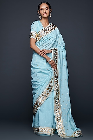 Blue Chanderi Jamdani Gota Applique Blouse by Gulabo By Abu Sandeep