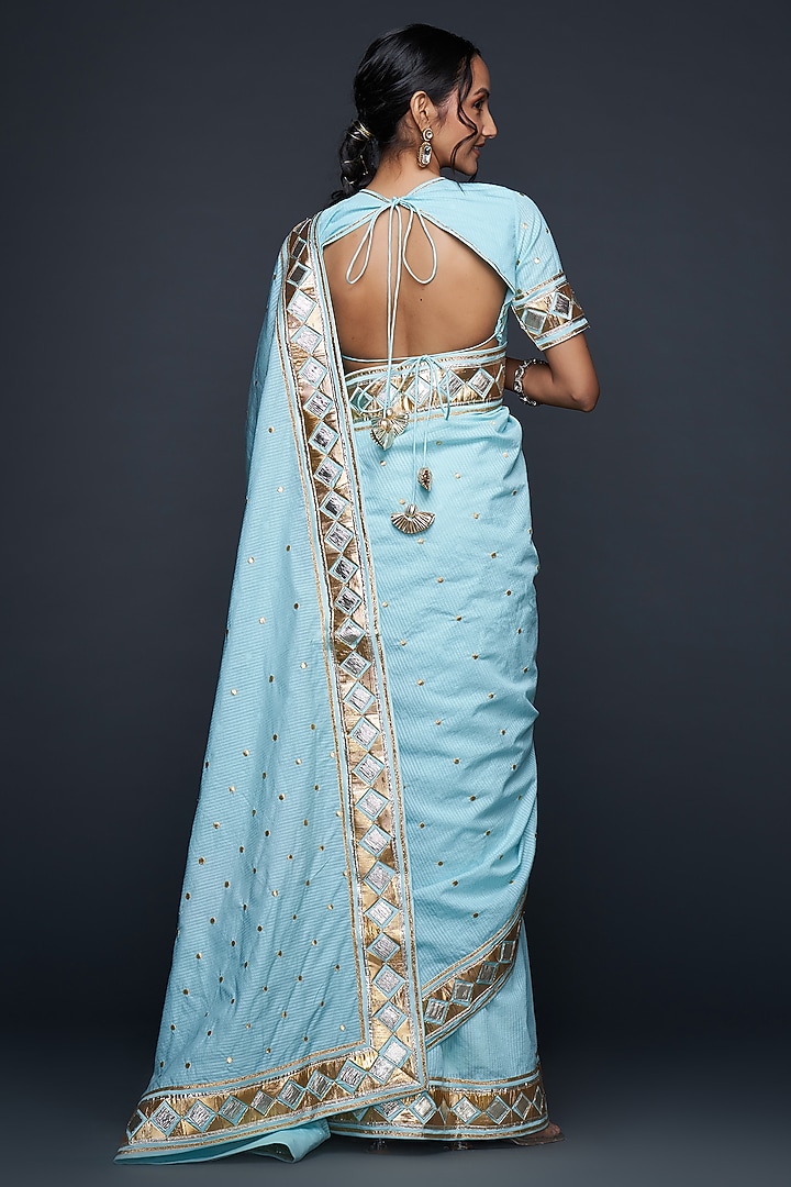 Blue Chanderi Jamdani Gota Applique Blouse by Gulabo By Abu Sandeep at Pernia's Pop Up Shop