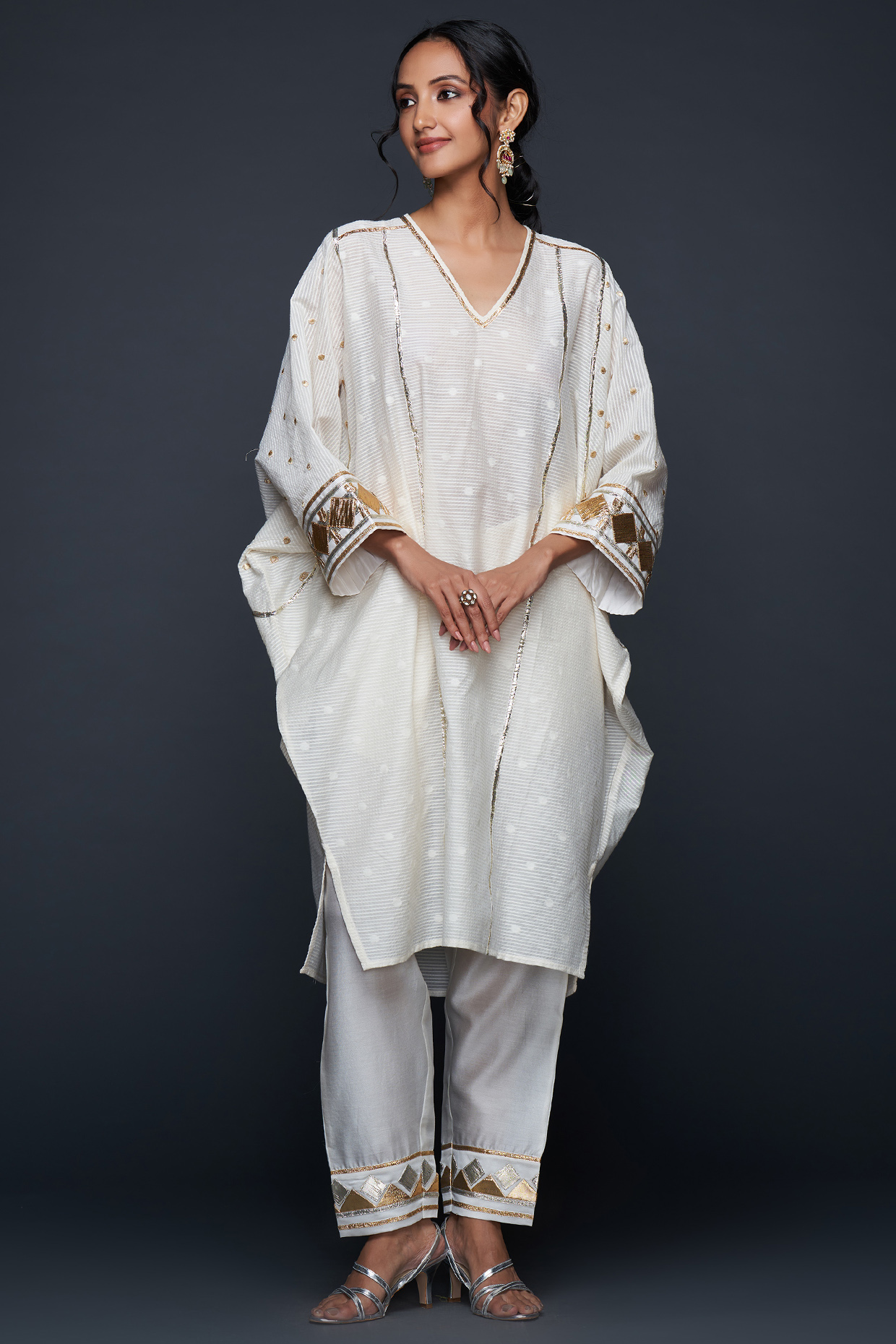 Off-White Chanderi Jamdani Gota Applique Kaftan by Gulabo By Abu Sandeep at Pernia's Pop Up Shop