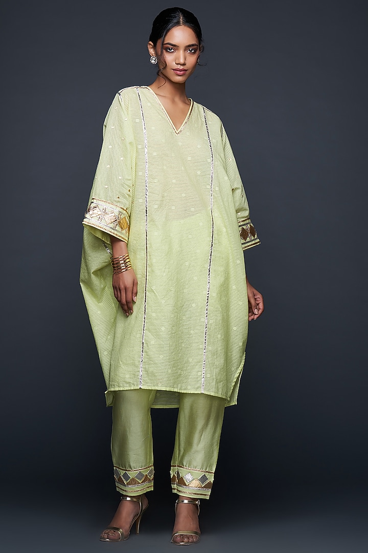 Pista Green Chanderi Jamdani Gota Applique Kaftan by Gulabo By Abu Sandeep at Pernia's Pop Up Shop