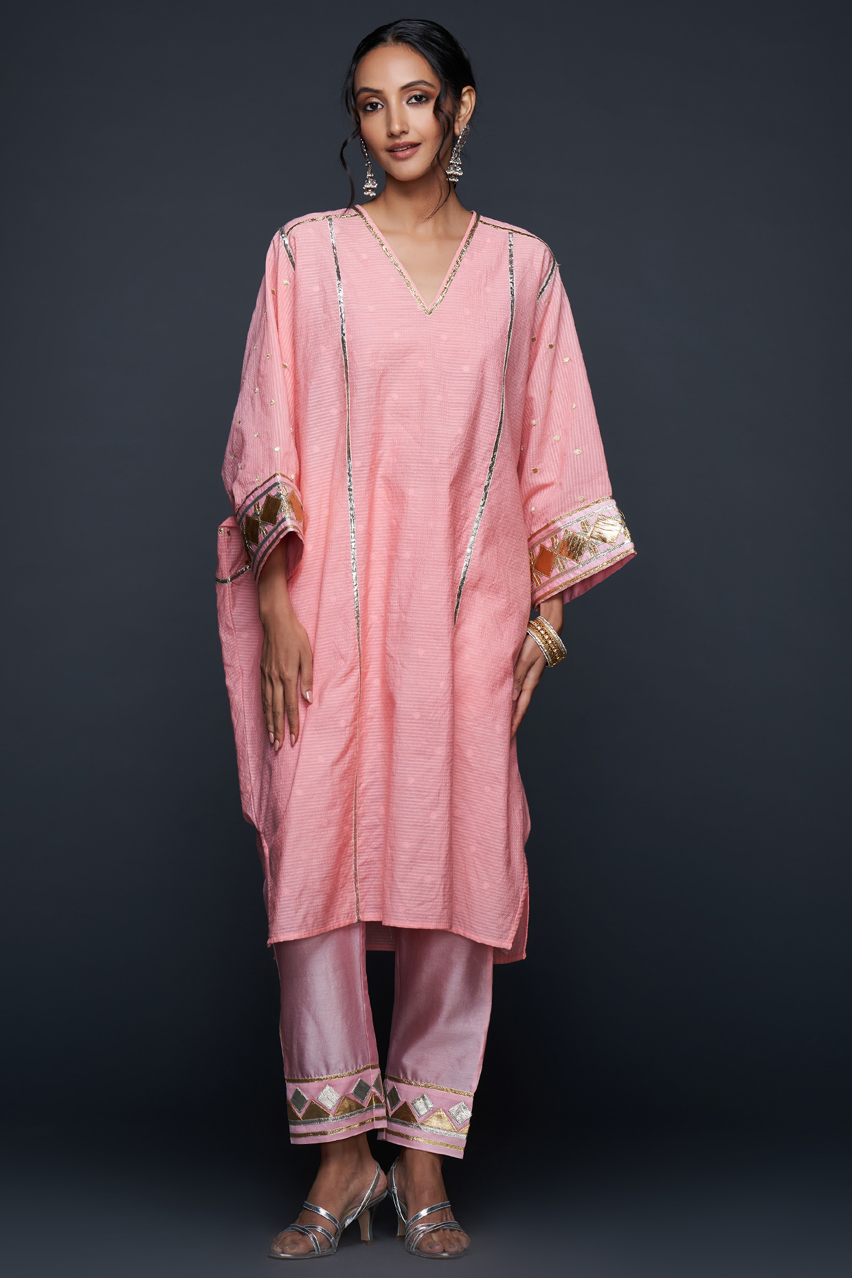 Peach Chanderi Jamdani Gota Applique Kaftan by Gulabo By Abu Sandeep at Pernia's Pop Up Shop