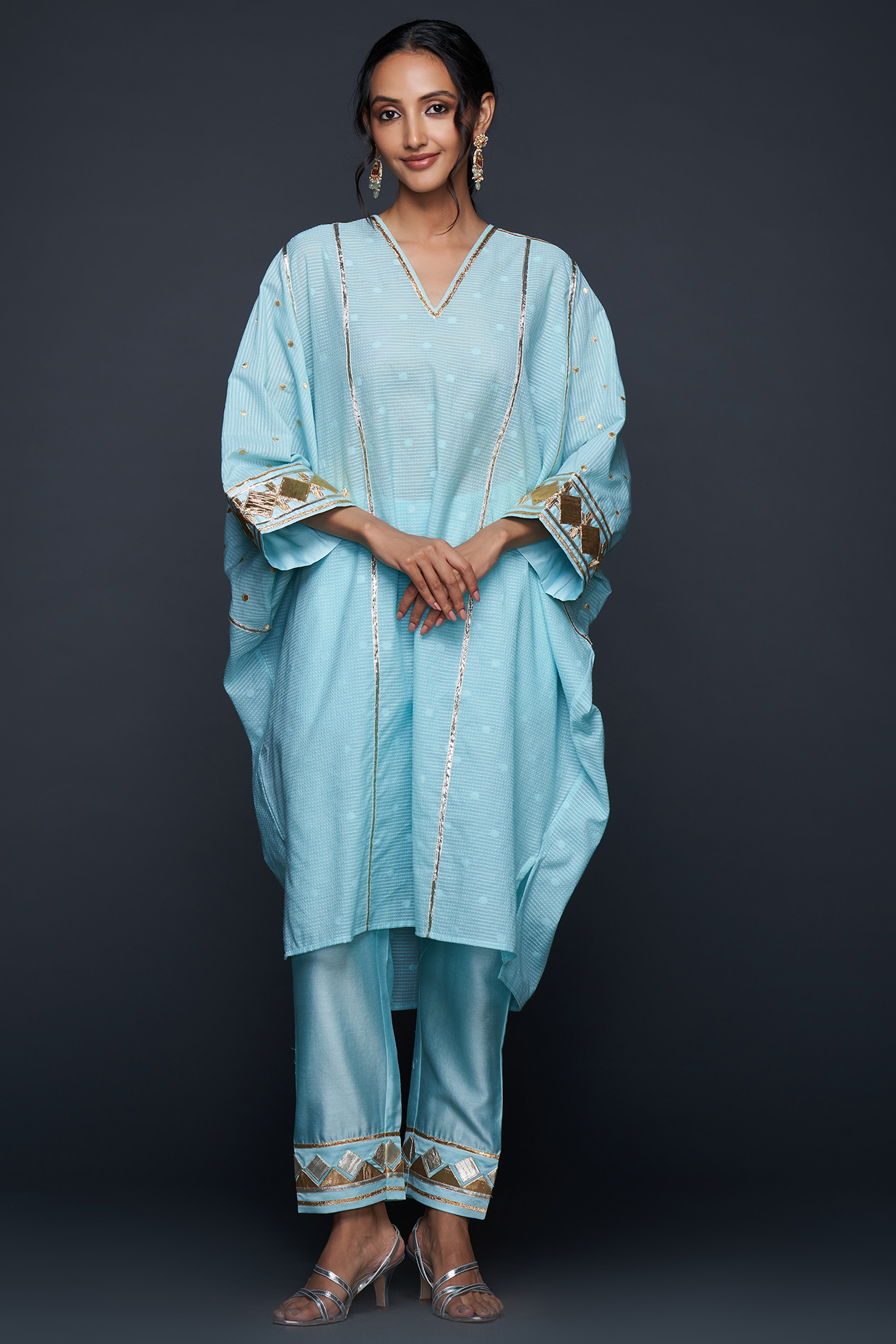Blue Chanderi Jamdani Gota Applique Kaftan by Gulabo By Abu Sandeep at Pernia's Pop Up Shop