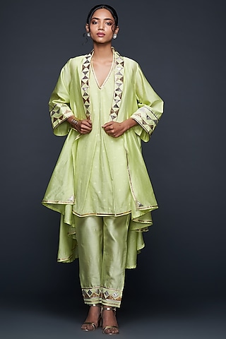 Pista Green Jamdani Layered Coat by Gulabo By Abu Sandeep