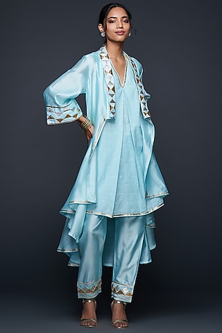 Blue Jamdani Layered Coat by Gulabo By Abu Sandeep