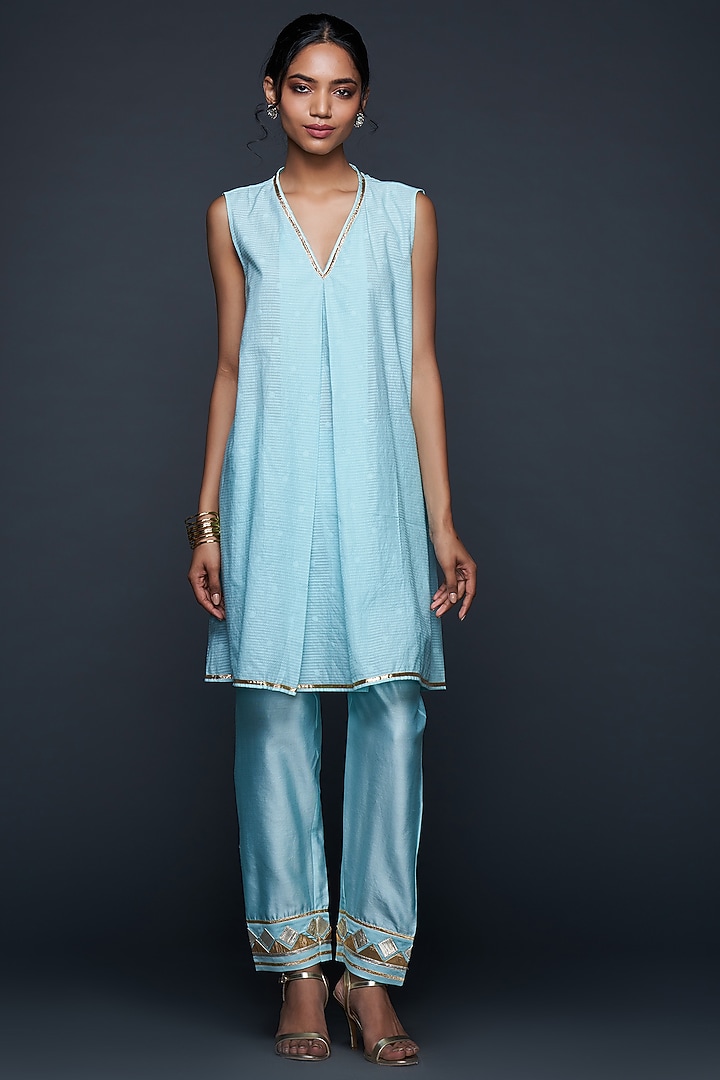 Blue Jamdani Layered Coat by Gulabo By Abu Sandeep at Pernia's Pop Up Shop