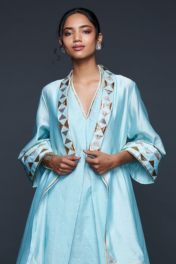 Blue Jamdani Layered Coat by Gulabo By Abu Sandeep at Pernia's Pop Up Shop