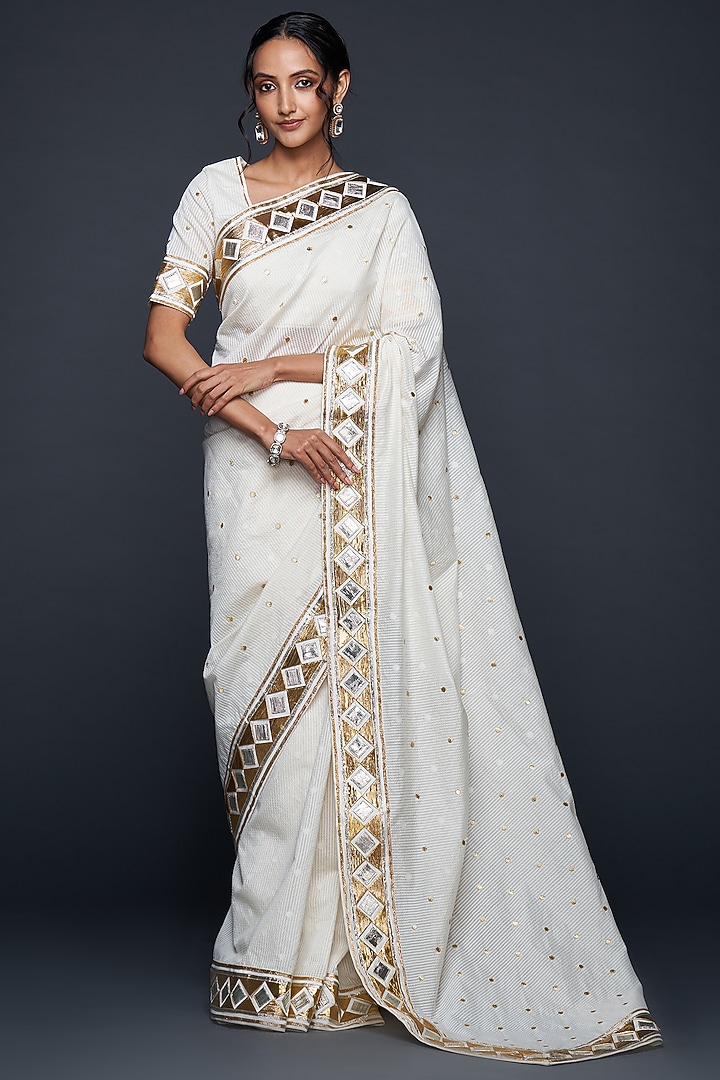 Off-White Chanderi Jamdani Gota Wedding Saree by Gulabo By Abu Sandeep at Pernia's Pop Up Shop