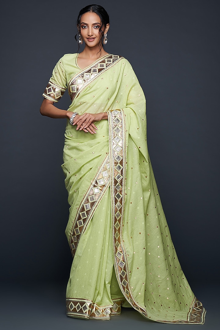 Pista Green Chanderi Jamdani Gota Wedding Saree by Gulabo By Abu Sandeep at Pernia's Pop Up Shop