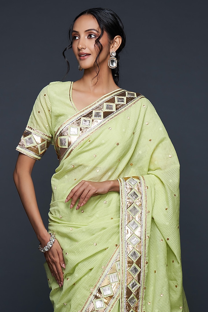 Pista Green Chanderi Jamdani Gota Wedding Saree by Gulabo By Abu Sandeep at Pernia's Pop Up Shop