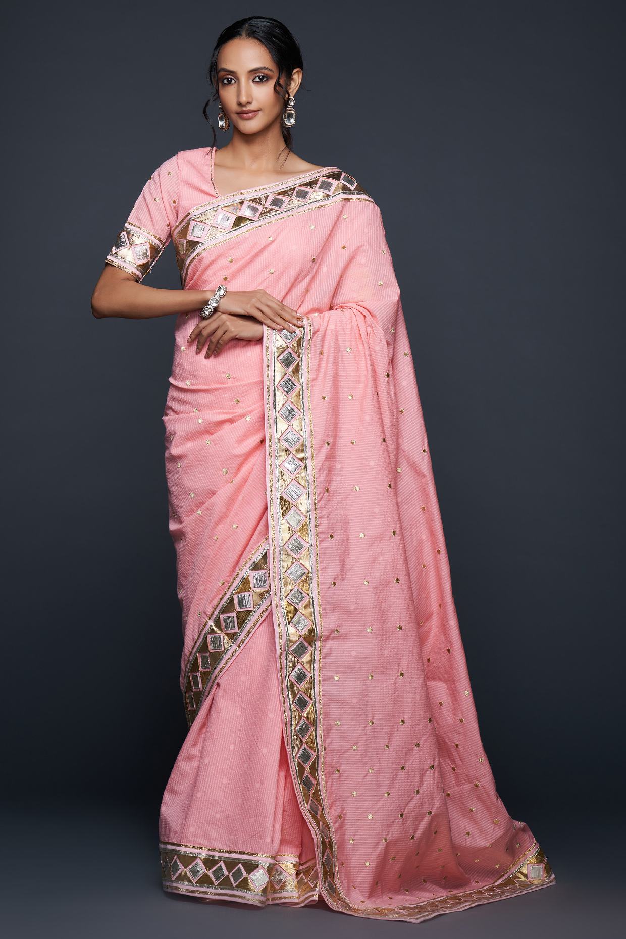 Peach Chanderi Jamdani Gota Wedding Saree by Gulabo By Abu Sandeep at Pernia's Pop Up Shop