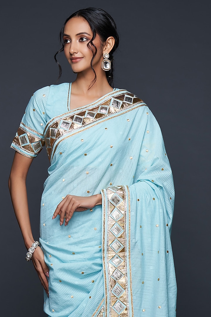 Blue Chanderi Jamdani Gota Wedding Saree by Gulabo By Abu Sandeep at Pernia's Pop Up Shop