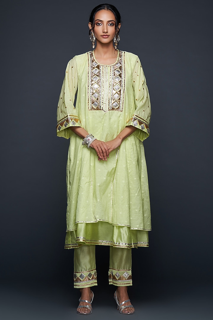 Pista Green Jamdani Gota Applique Layered Kurta by Gulabo By Abu Sandeep at Pernia's Pop Up Shop