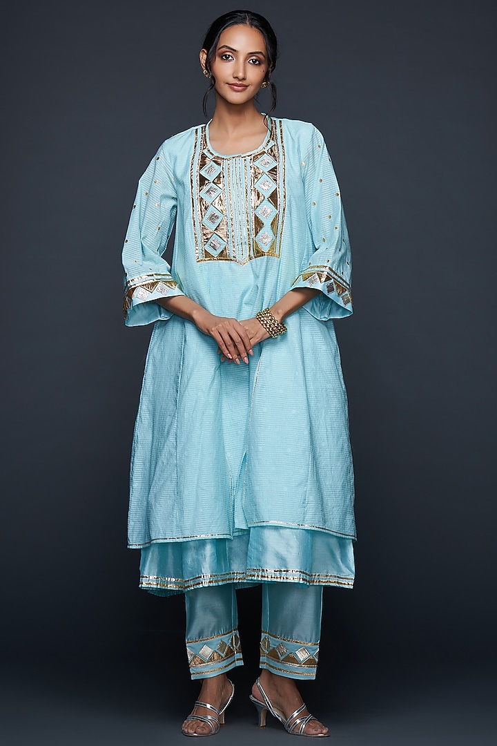 Blue Jamdani Gota Applique Layered Kurta by Gulabo By Abu Sandeep at Pernia's Pop Up Shop